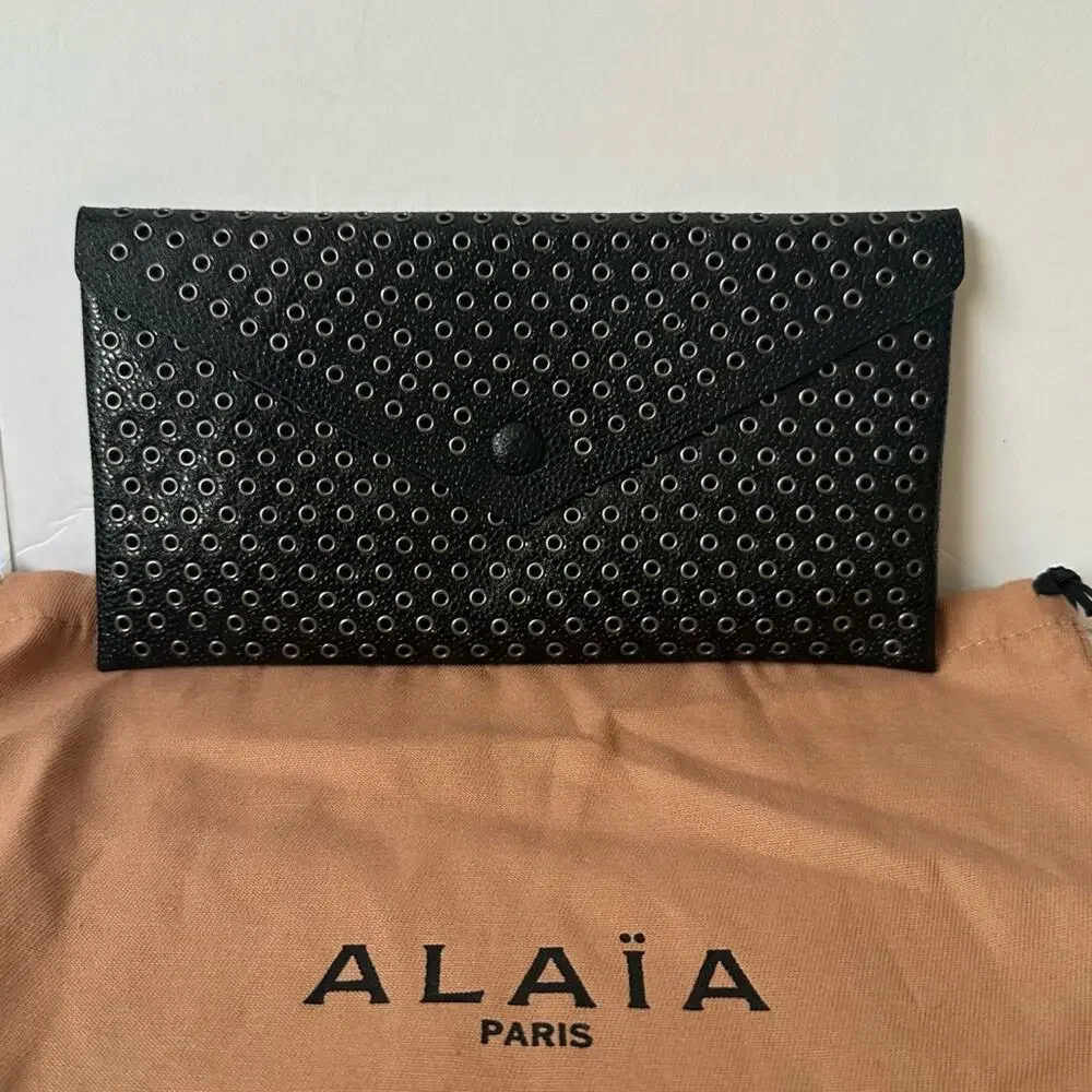Azzedine Alaïa Studded Leather Envelope Clutch Black Silver-tone Grommets Rare